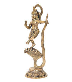 Brass Krishna on Kaliya Naag, side view dancing stance home temple decor statue