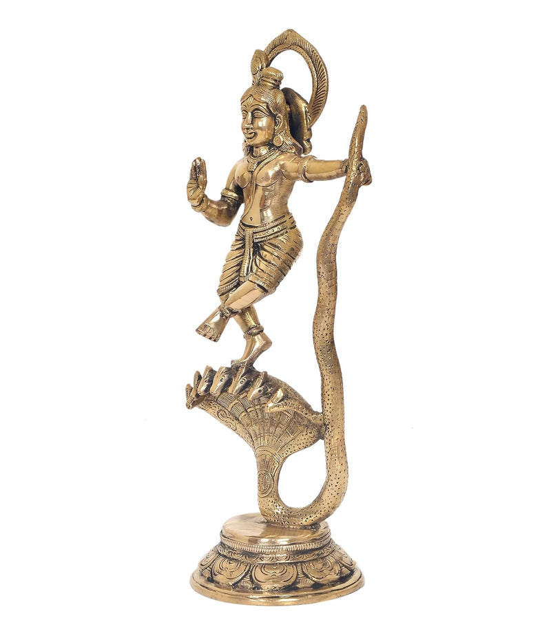 Brass Krishna Bhagwan Murti Dancing on Kaliya Naag - Religious Statue for Home Temple Pooja Mandir Decor (Height 13 Inch)