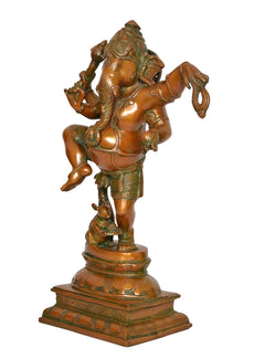Dancing Ganesha brass murti with side view, ornamental details and small figure
