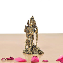 Brass Kartikeya murti back/side view with peacock mount and ornate headdress