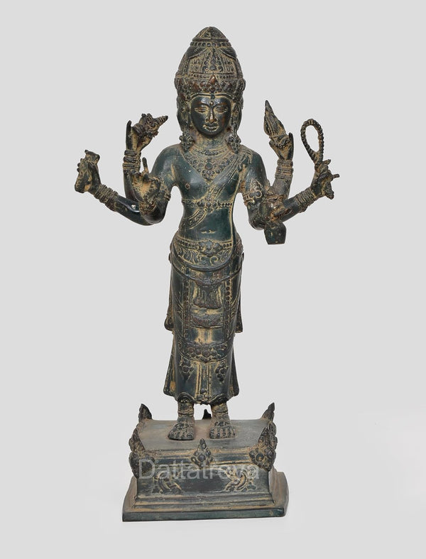 Brass Vishnu Trimurti Four Armed Standing Vishnu Statue, for Home Decor (Height 13 Inch) Mandir Setting