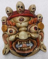 Tibetan deity wall hanging mask, multicolour face with red crown and wide grin