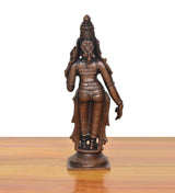 Devi Uma Parvati Copper statue, rear view, long draped garments, dark copper patina