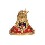 Brass Adiyogi Shiva idol figurine, smiling face and crown, red cloak with beaded trim