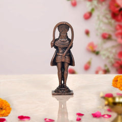 Copper Hanuman statue back view, hooded head, arched halo, standing base