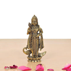 Superfine brass Kartikeya idol front view, peacock motif on lotus pedestal