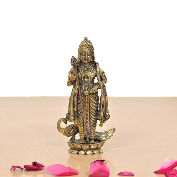 Superfine Brass Standing Lord Kartikeya with Peacock Murugan Murti (Height 4.5 Inch) Entryway Setting