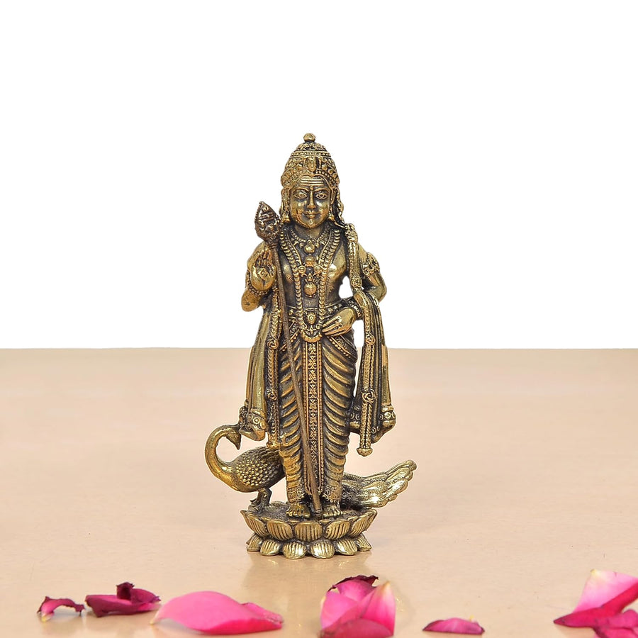 Superfine Brass Standing Lord Kartikeya with Peacock Murugan Murti (Height 4.5 Inch) Craft Detail