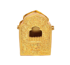 Metal Tibetan Buddhist gau box front view with ornate frame and arched cutout, gold