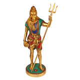 Brass standing Bholenath idol front view, trident in raised right hand, round base