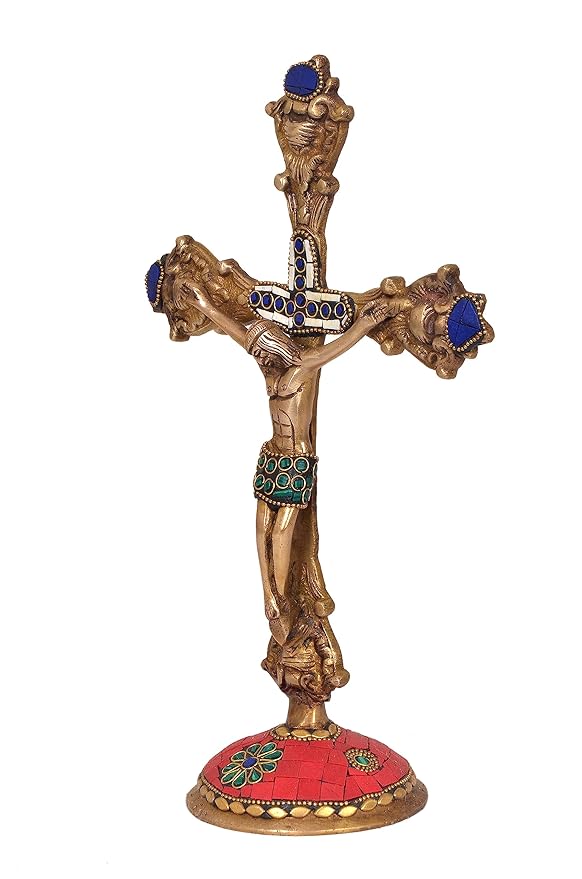 Brass Jesus Cross Statue Idol for Home Decor Showpiece for Living Room | 11.5 inches (Green)