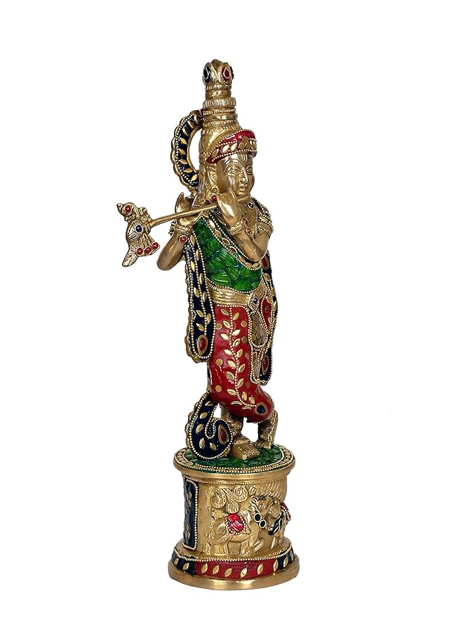 Home Decor Brass Krishna with Flute Idol Krishna (Multicolour, Height 15 Inch)