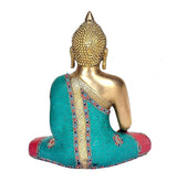 Brass Buddha statue back view, teal robe panel with beaded trim and red base
