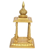 Brass pooja mandir front view, ornate base and square frame, open top stand