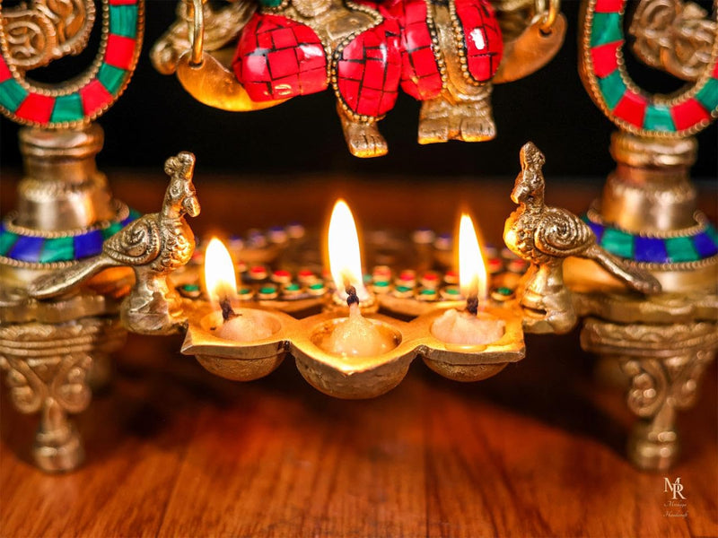 Radha Krishna Statue on Swing with Diya (Height : 36 Cm)