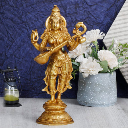 Brass Goddess Maa Saraswati Standing Vidya Devi Sculpture (Height :10 Inches)