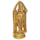 Brass Tirupati Balaji idol side view, raised arms and beaded ornaments on pedestal
