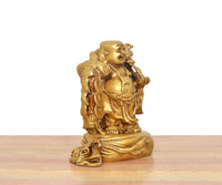 Brass laughing Buddha standing statue, robe folds and base details, gold tone