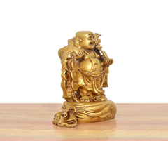 Brass laughing Buddha standing statue, robe folds and base details, gold tone