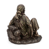 Resin Sai Baba statue rear/side view, draped robe and headscarf on pedestal