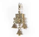 Lakshmi-Ganesh wall hanging showing dangling bell charms from engraved square panel