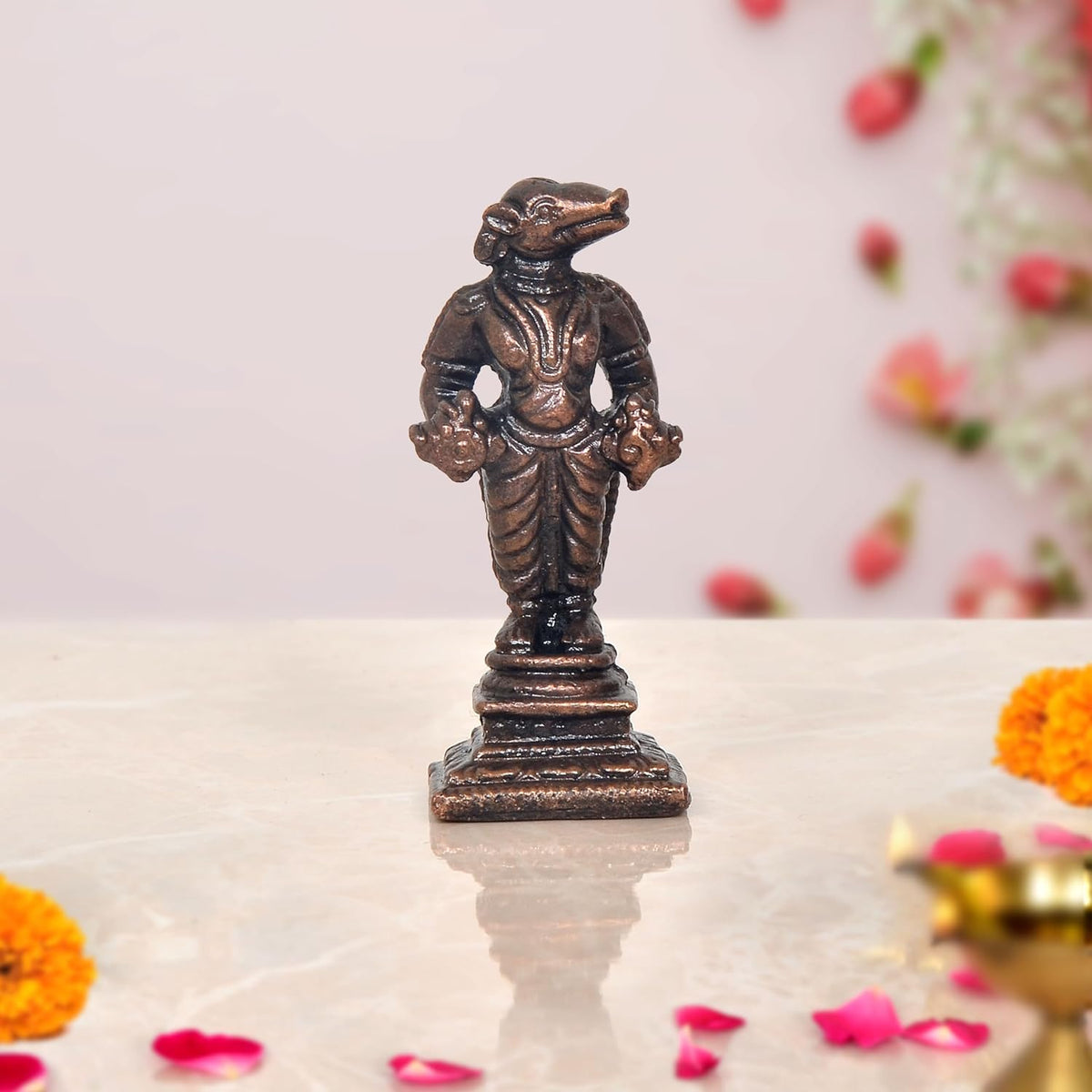 Copper Hayagreeva avatar of Vishnu statue, standing deity with serpent head