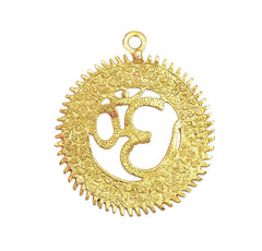 Gold-tone metal round wall hanging with embossed Om symbol and rim detailing, hanging loop