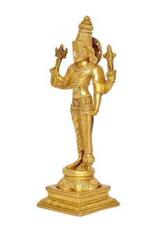 Brass Vishnu statue in full height view, four arms raised, standing on carved base