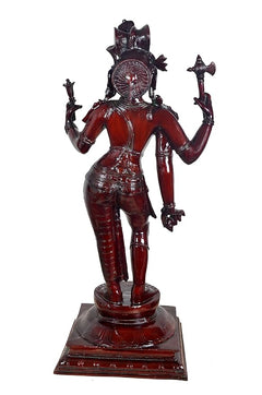 Brass Ardhanarishvara statue from behind view, raised tridents and crown