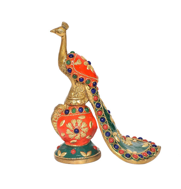 Brass Peacock with Multicolor for Home Decor Office Decor Showpiece Idol Figurine Sculpture for Home Decoration (Height 6 Inch)