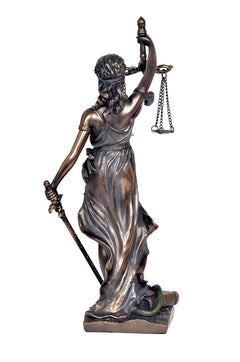 Lady Justice resin figurine rear three-quarter view, scale chain and sword hilt