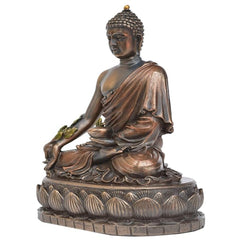 Sitting Buddha decorative showpiece in bronze polyresin, side view, seated posture