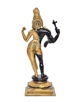Front angled view of Ardhanrishvara Shiva-Parvati statue, gold torso, black arms, ornate base