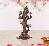 Shree Kal Bhairav copper idol from side angle, multiple weapon hands and standing figure