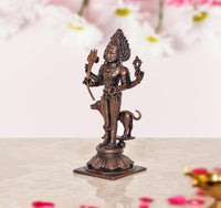 Shree Kal Bhairav copper idol from side angle, multiple weapon hands and standing figure