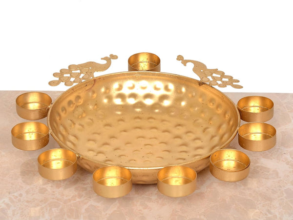Peacock Decorative Urli Beautiful Bowl for Floating Flowers and Tea Light Candles Holder (Width:12 Inch) Entryway Setting