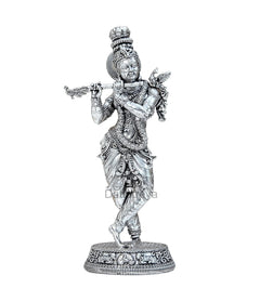Lord Krishna brass idol, standing posture with flute, decorated robes and base