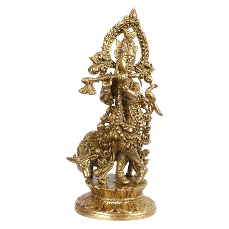 Brass Gold Lord Bhagwan Krishna Murti with Flute with Cow Statue for Home Temple Decor (Height: 12 Inches)