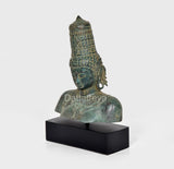 Vintage Parvati bust statue in green patina, profile view with textured headdress