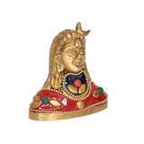 Angled brass Adiyogi Shiva idol with red robe, blue center medallion and jeweled details