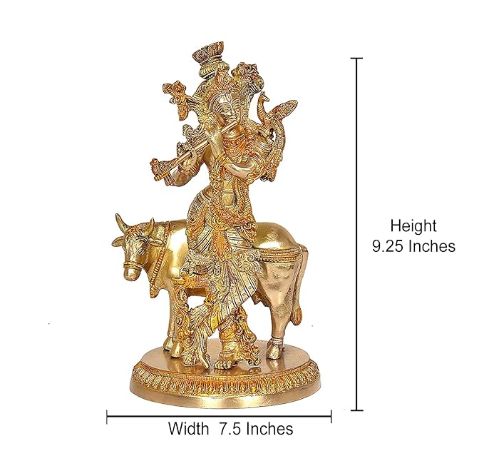 Brass Large Krishna Idol Playing Flute On Kamdhenu Cow - Statue Showpiece Murti for Home Office Height 9.25 inches