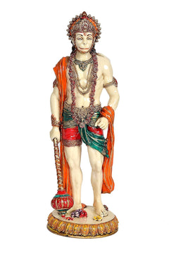 Lord Hanuman statue front view, painted crown, necklaces, and red-green dhoti