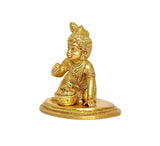 Brass Laddu Gopal idol statue, seated child Krishna holding laddu pot, round base