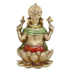 Polyresin Lord Ganesha statue, back view with lotus base and patterned ornaments