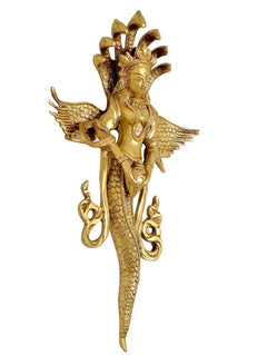 Brass Naga Kanya statue angled view, ornate crown and wings, serpent tail