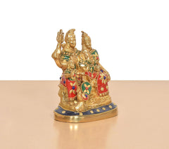 Brass Shiv Parivar idol rear angle, floral beaded pattern on red garment
