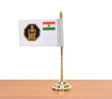 Brass Indian desk flag with Indian tricolor and navy crest, mounted on gold base
