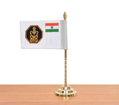 Brass Indian desk flag with Indian tricolor and navy crest, mounted on gold base