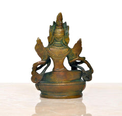 Rear view brass Green Tara statue, seated lotus posture with detailed robe and halo