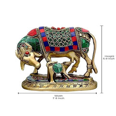 Dattatreya brass cow and calf idol with jeweled detailing and shown height width